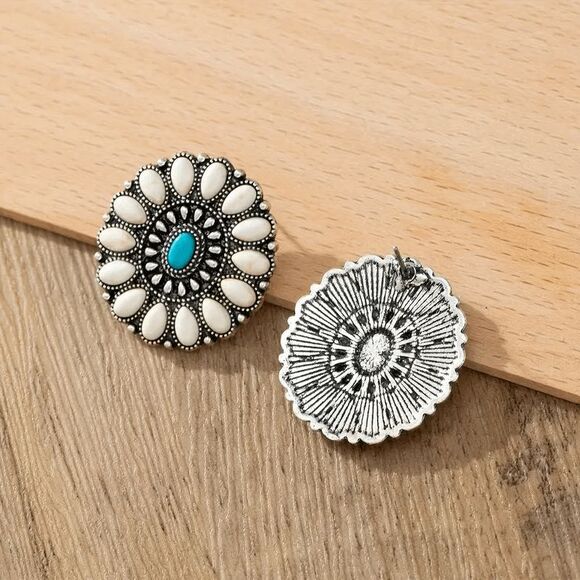 Western Bohemian Concho Turquoise Stud Earrings - Picture 3 of 5
